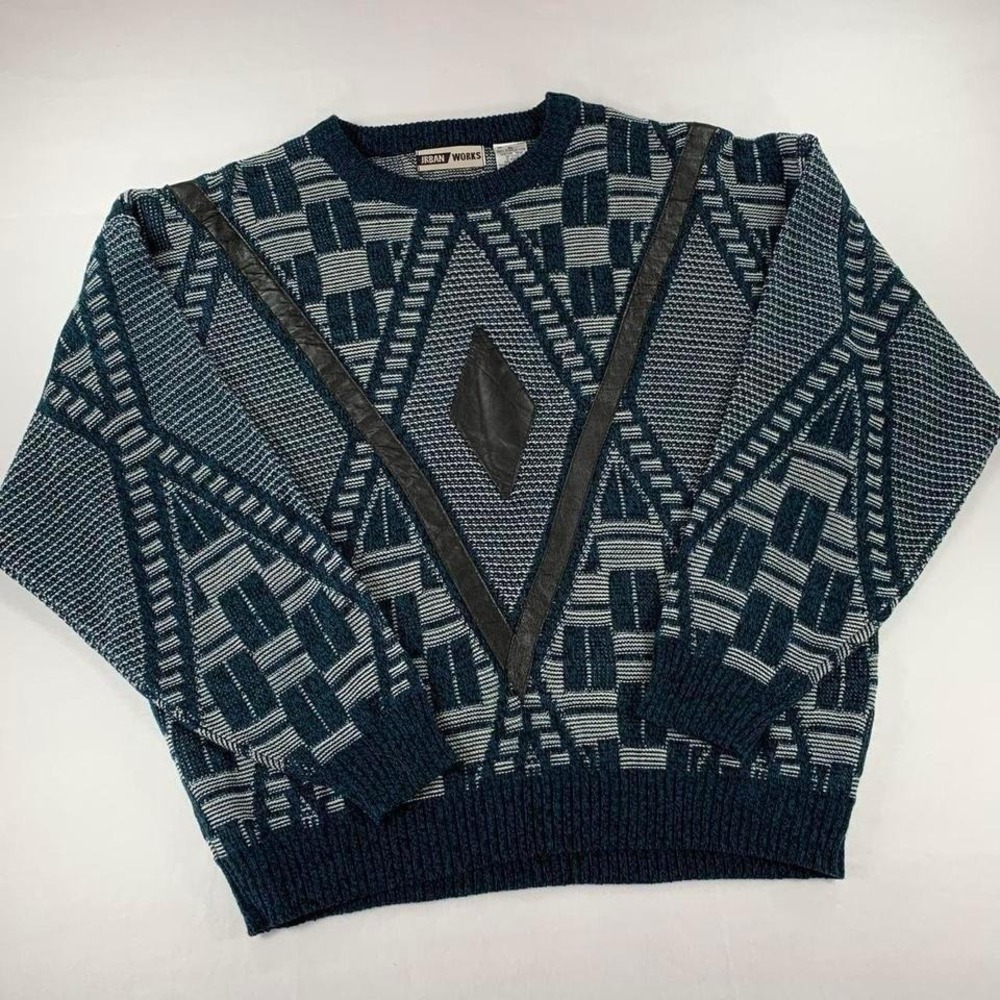 VTG 90s Pullover Sweater Urban Works XL Grandpa Retro Leather Streetwear
